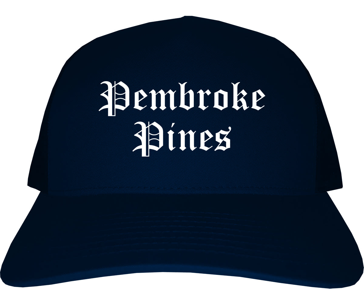 Pembroke Pines Florida FL Old English Mens Trucker Hat Cap Navy Blue