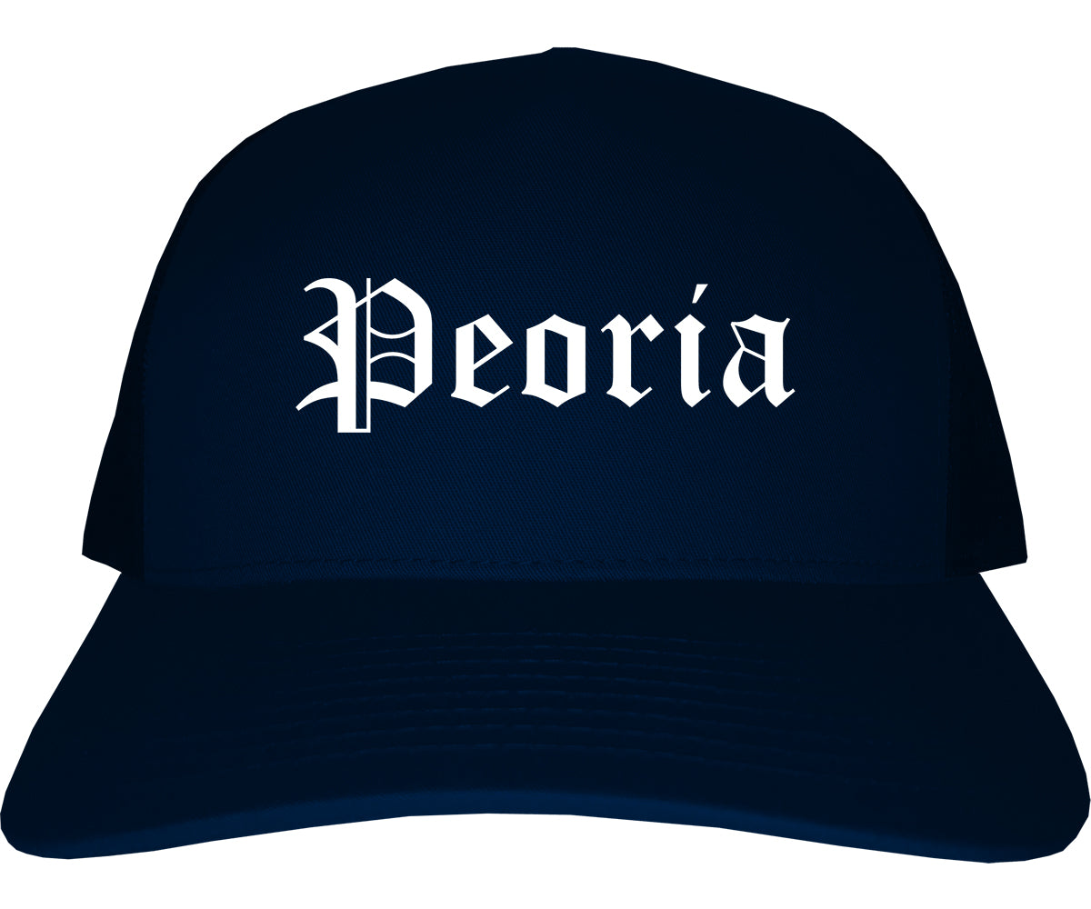 Peoria Illinois IL Old English Mens Trucker Hat Cap Navy Blue
