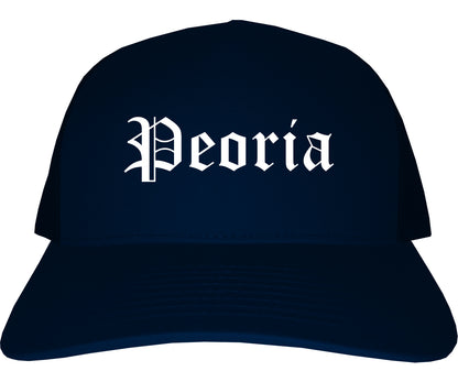 Peoria Illinois IL Old English Mens Trucker Hat Cap Navy Blue