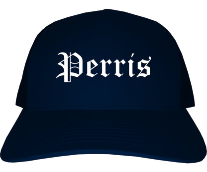 Perris California CA Old English Mens Trucker Hat Cap Navy Blue