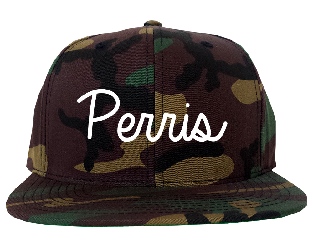 Perris California CA Script Mens Snapback Hat Army Camo