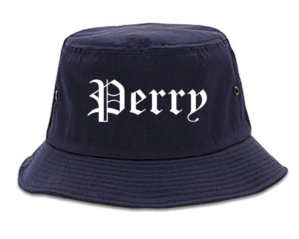 Perry Florida FL Old English Mens Bucket Hat Navy Blue