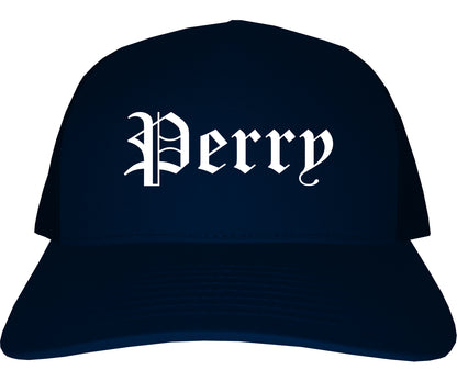 Perry Florida FL Old English Mens Trucker Hat Cap Navy Blue