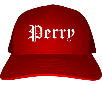 Perry Florida FL Old English Mens Trucker Hat Cap Red