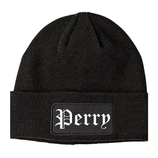 Perry Iowa IA Old English Mens Knit Beanie Hat Cap Black