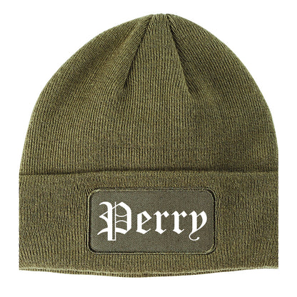 Perry Iowa IA Old English Mens Knit Beanie Hat Cap Olive Green