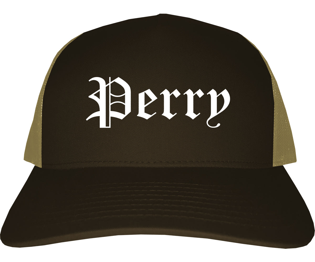 Perry Iowa IA Old English Mens Trucker Hat Cap Brown