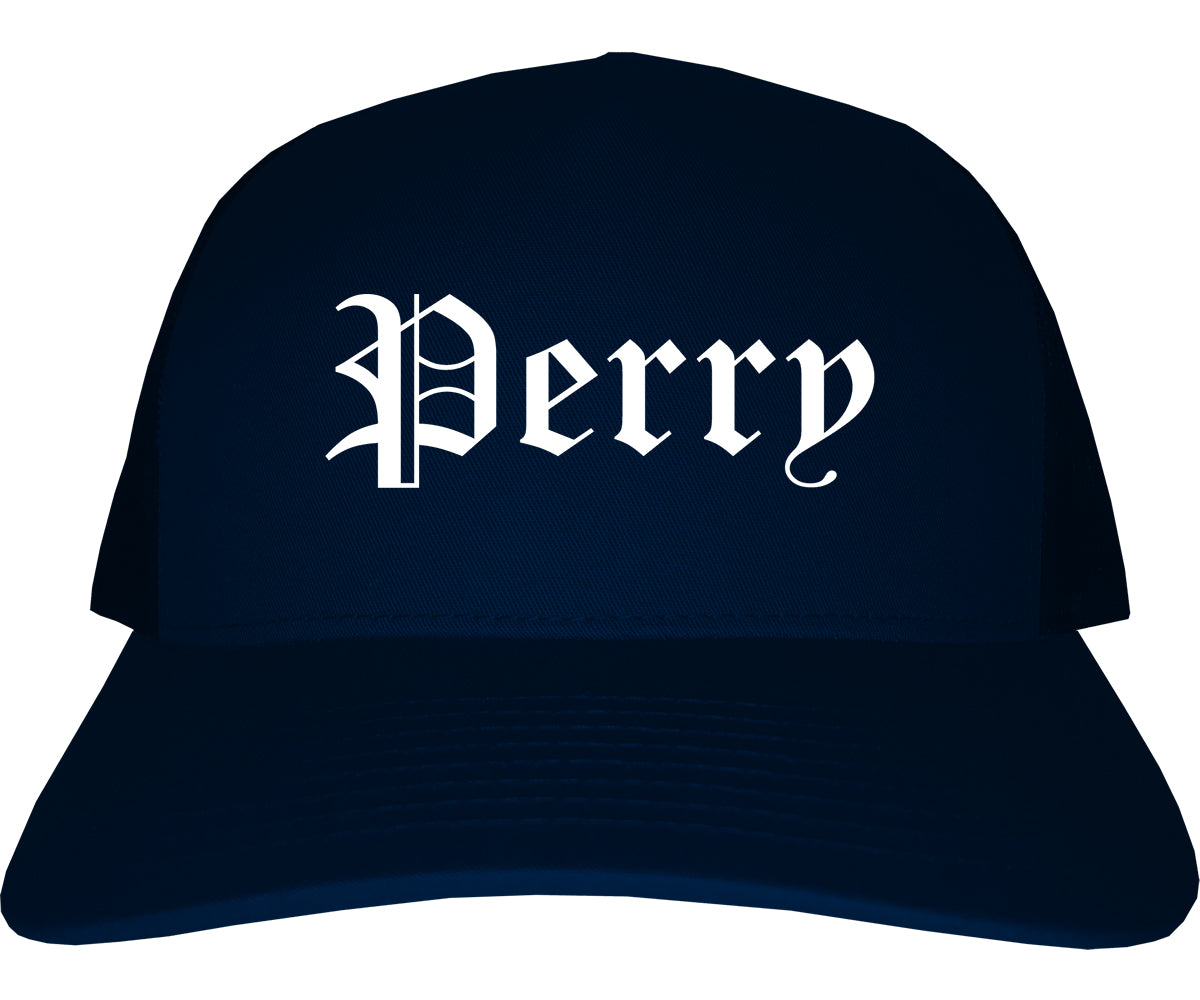 Perry Iowa IA Old English Mens Trucker Hat Cap Navy Blue