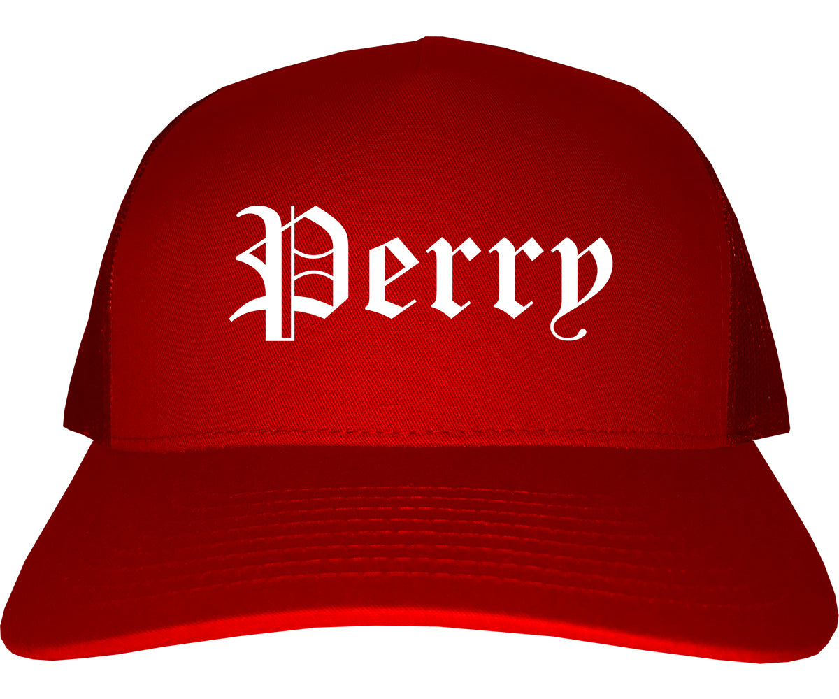 Perry Iowa IA Old English Mens Trucker Hat Cap Red
