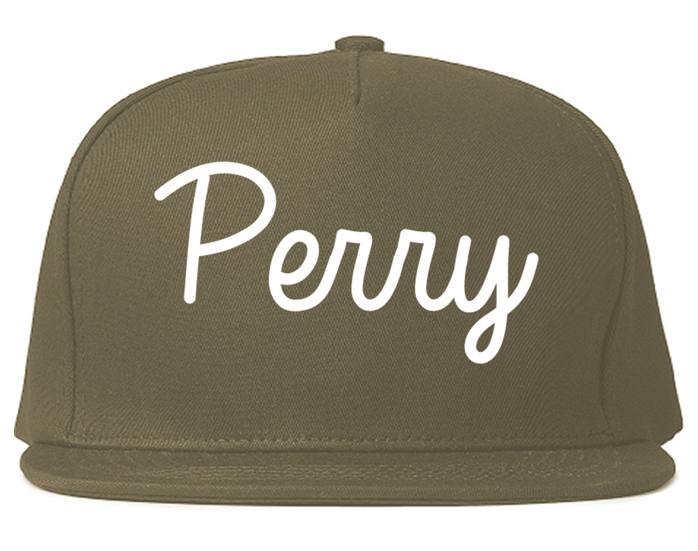 Perry Iowa IA Script Mens Snapback Hat Grey