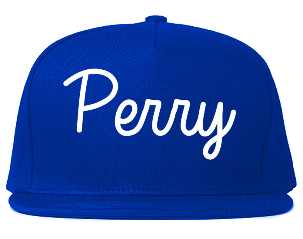Perry Iowa IA Script Mens Snapback Hat Royal Blue