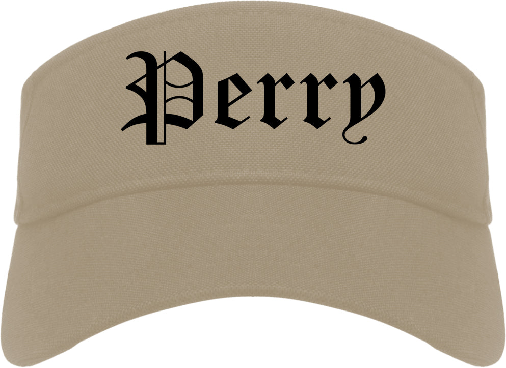 Perry Iowa IA Old English Mens Visor Cap Hat Khaki