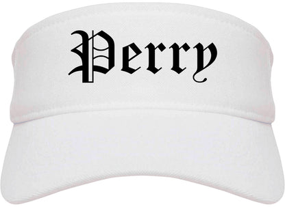 Perry Iowa IA Old English Mens Visor Cap Hat White