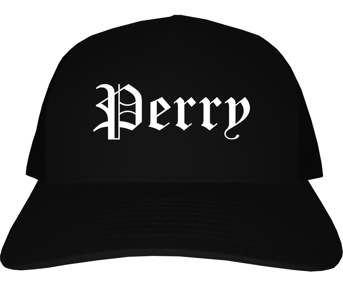 Perry Oklahoma OK Old English Mens Trucker Hat Cap Black