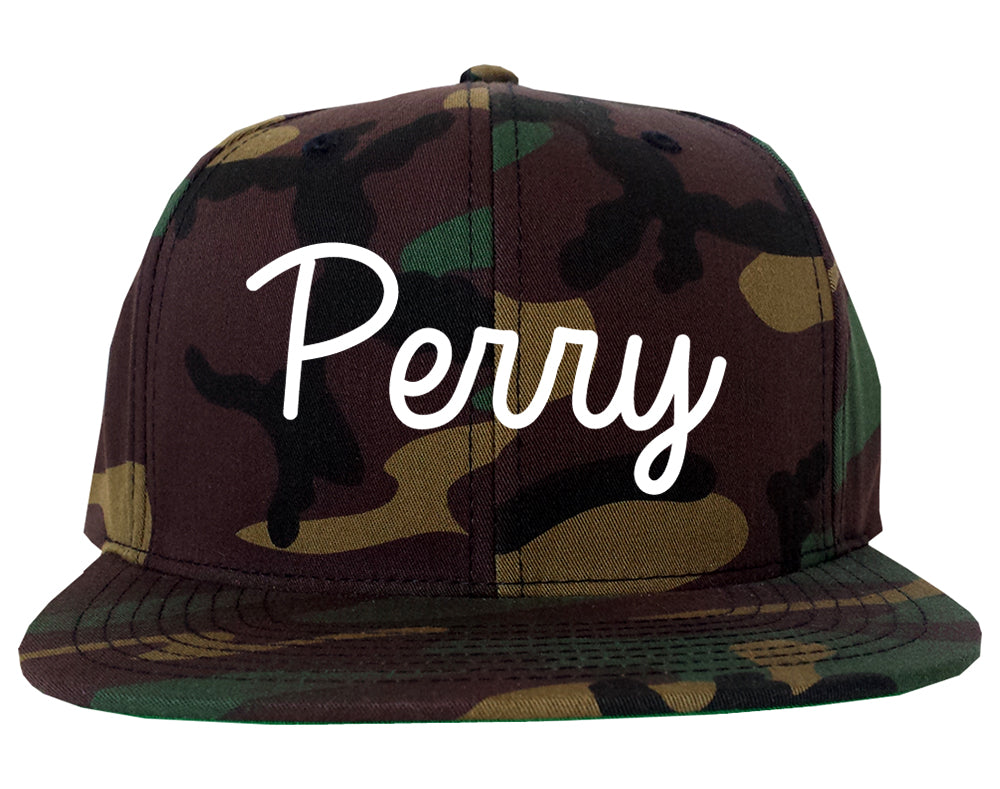 Perry Oklahoma OK Script Mens Snapback Hat Army Camo