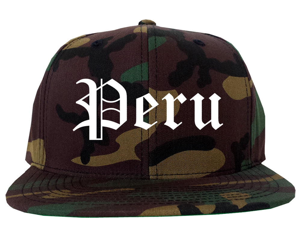 Peru Illinois IL Old English Mens Snapback Hat Army Camo