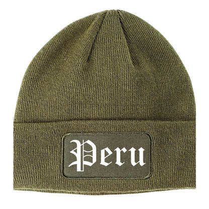Peru Illinois IL Old English Mens Knit Beanie Hat Cap Olive Green