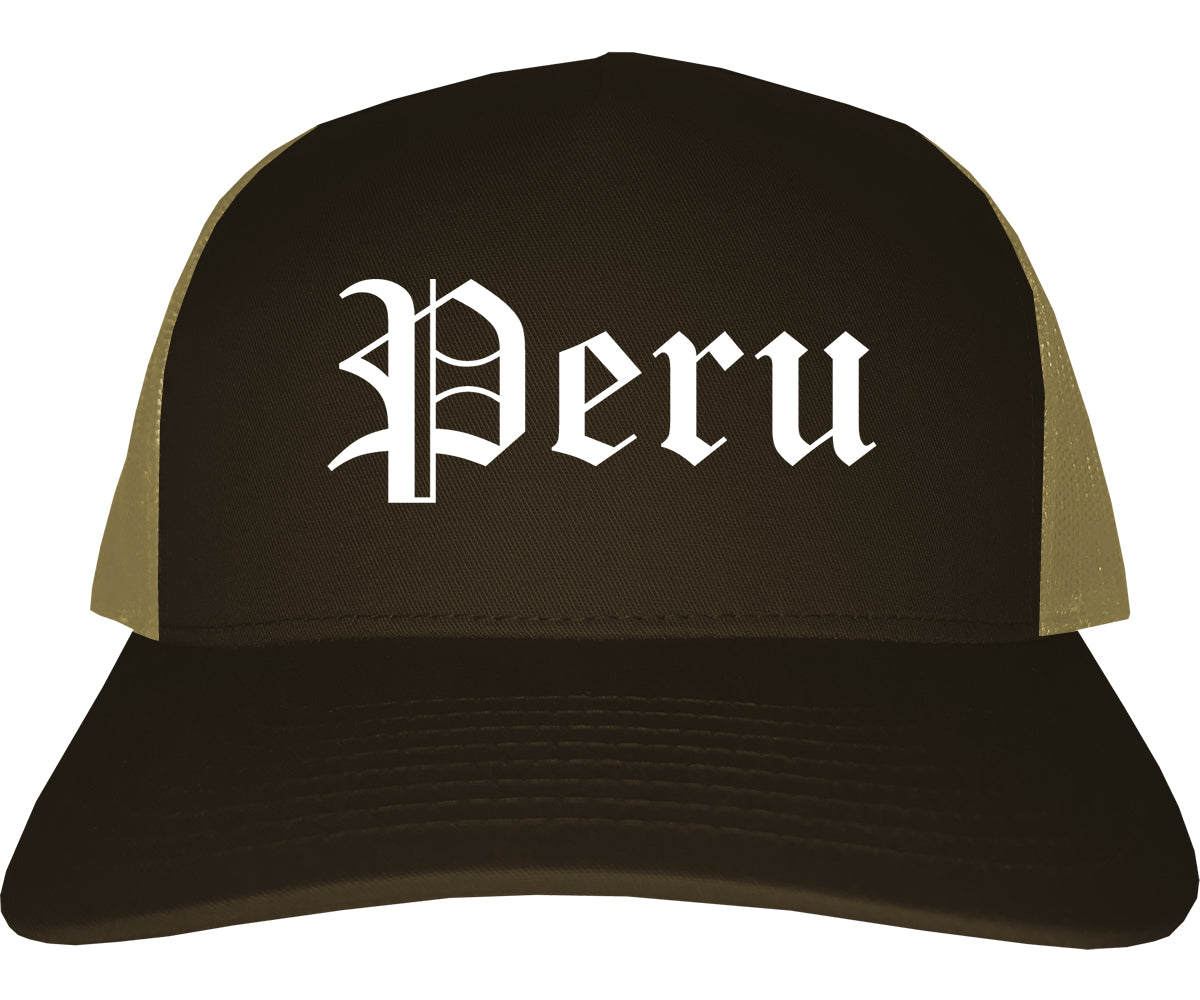 Peru Illinois IL Old English Mens Trucker Hat Cap Brown