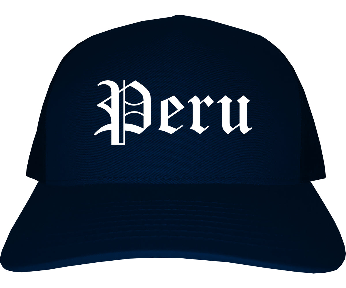 Peru Illinois IL Old English Mens Trucker Hat Cap Navy Blue