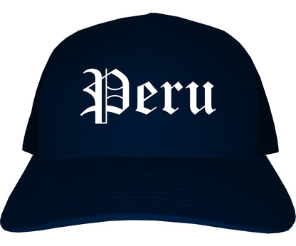 Peru Illinois IL Old English Mens Trucker Hat Cap Navy Blue
