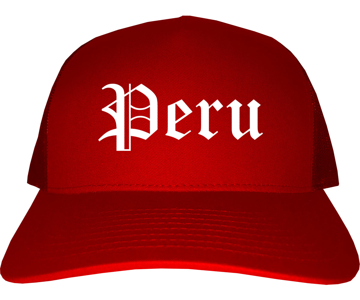 Peru Illinois IL Old English Mens Trucker Hat Cap Red