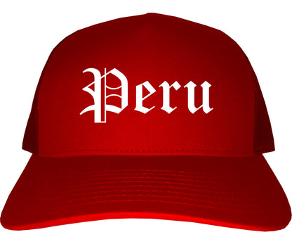 Peru Illinois IL Old English Mens Trucker Hat Cap Red
