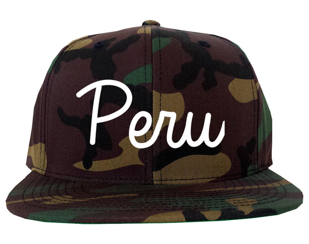 Peru Illinois IL Script Mens Snapback Hat Army Camo