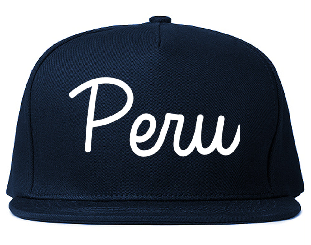 Peru Illinois IL Script Mens Snapback Hat Navy Blue