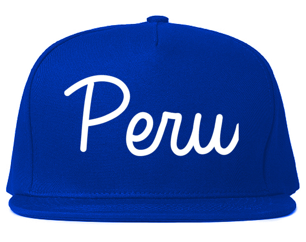 Peru Illinois IL Script Mens Snapback Hat Royal Blue