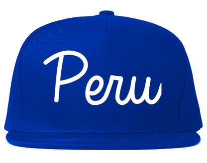 Peru Illinois IL Script Mens Snapback Hat Royal Blue