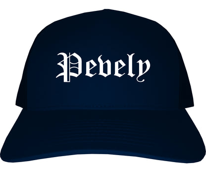 Pevely Missouri MO Old English Mens Trucker Hat Cap Navy Blue