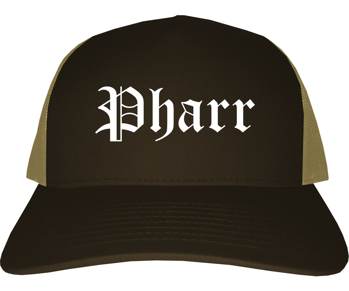 Pharr Texas TX Old English Mens Trucker Hat Cap Brown
