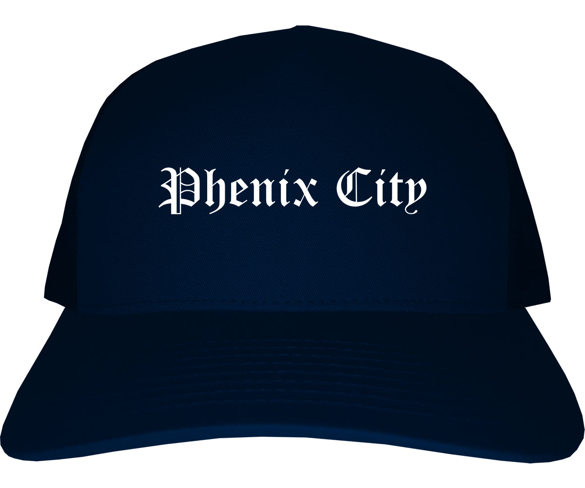 Phenix City Alabama AL Old English Mens Trucker Hat Cap Navy Blue