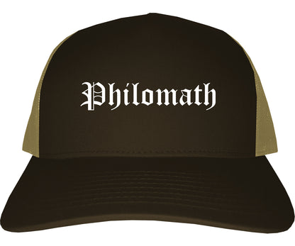 Philomath Oregon OR Old English Mens Trucker Hat Cap Brown