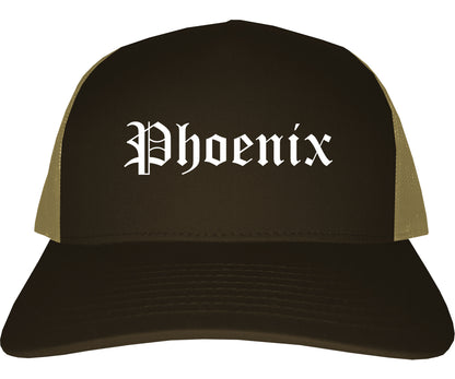 Phoenix Oregon OR Old English Mens Trucker Hat Cap Brown