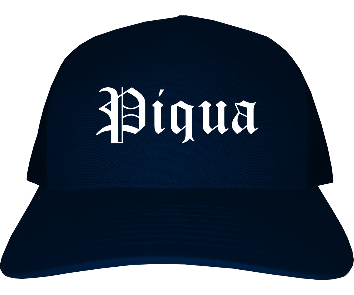 Piqua Ohio OH Old English Mens Trucker Hat Cap Navy Blue