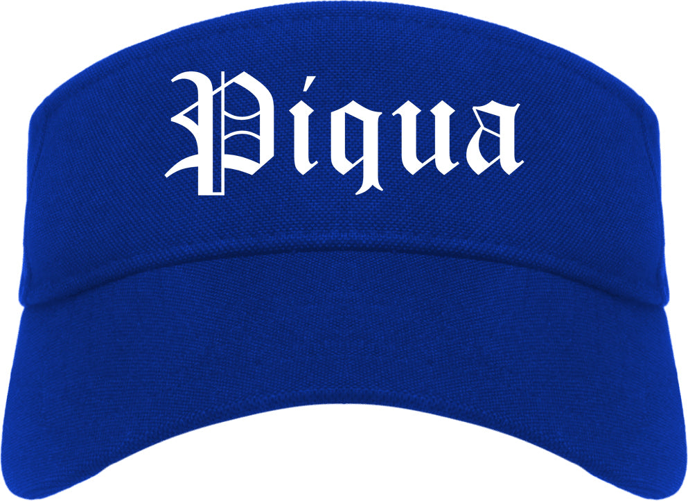 Piqua Ohio OH Old English Mens Visor Cap Hat Royal Blue