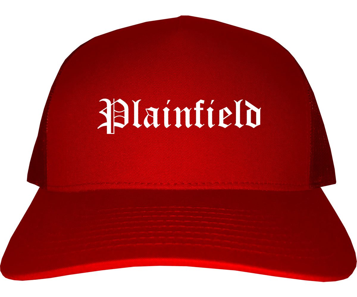 Plainfield Illinois IL Old English Mens Trucker Hat Cap Red