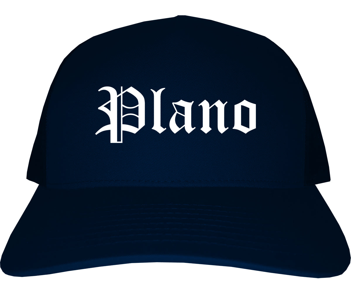 Plano Illinois IL Old English Mens Trucker Hat Cap Navy Blue