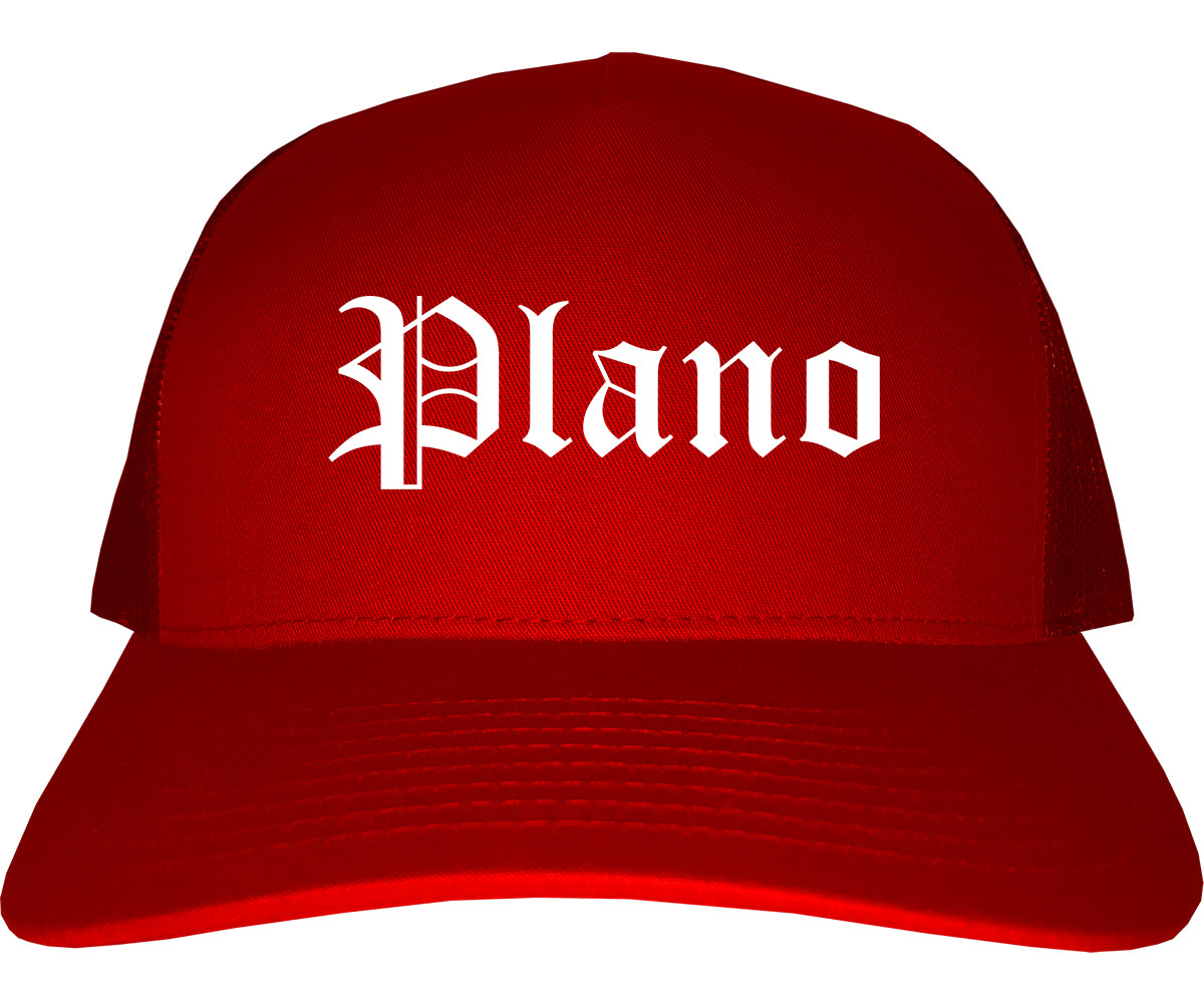 Plano Illinois IL Old English Mens Trucker Hat Cap Red