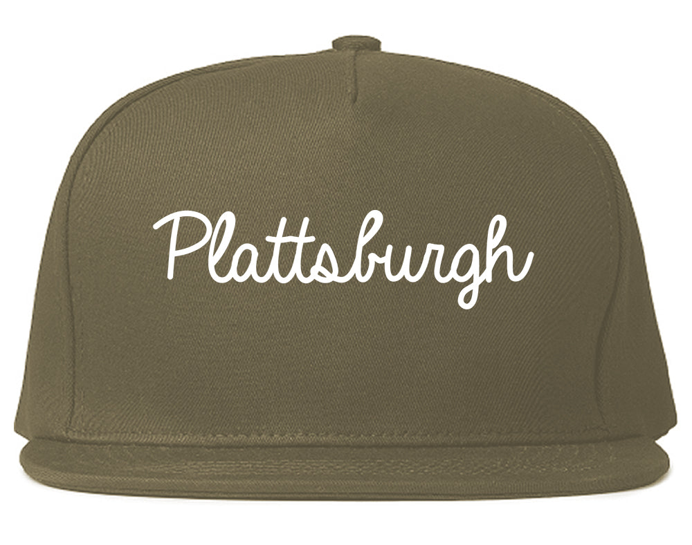 Plattsburgh New York NY Script Mens Snapback Hat Grey