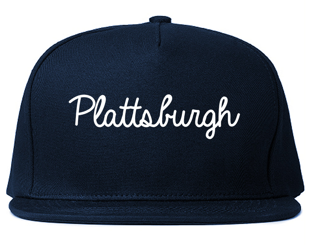 Plattsburgh New York NY Script Mens Snapback Hat Navy Blue