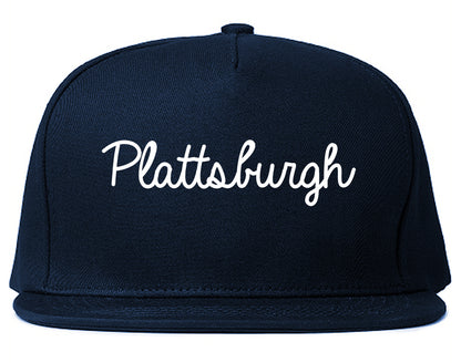 Plattsburgh New York NY Script Mens Snapback Hat Navy Blue