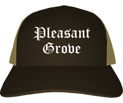Pleasant Grove Alabama AL Old English Mens Trucker Hat Cap Brown