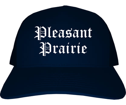 Pleasant Prairie Wisconsin WI Old English Mens Trucker Hat Cap Navy Blue