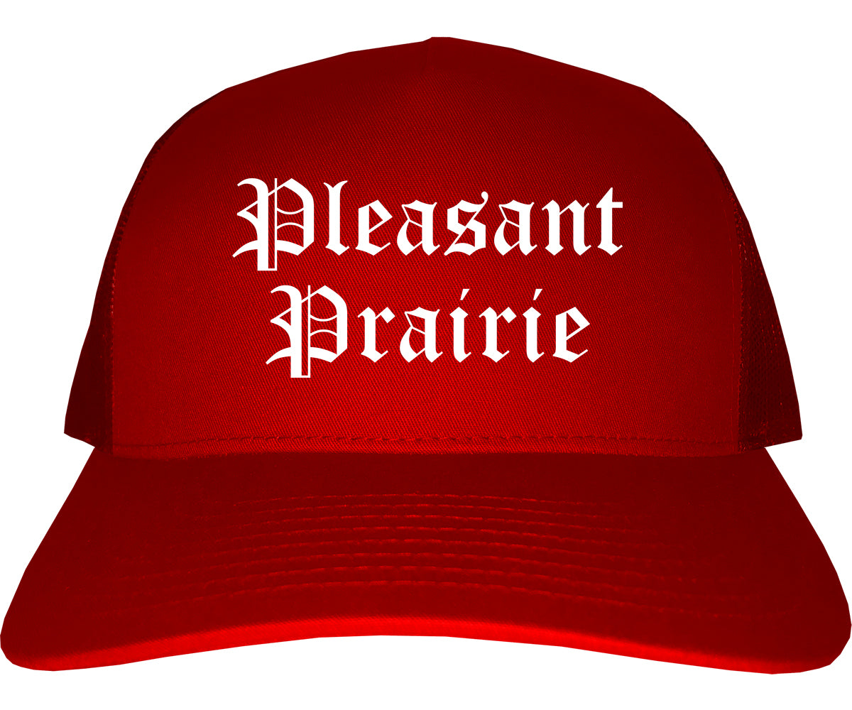 Pleasant Prairie Wisconsin WI Old English Mens Trucker Hat Cap Red