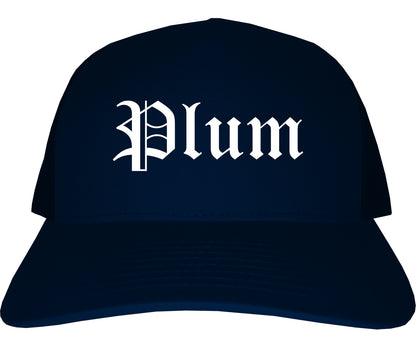 Plum Pennsylvania PA Old English Mens Trucker Hat Cap Navy Blue