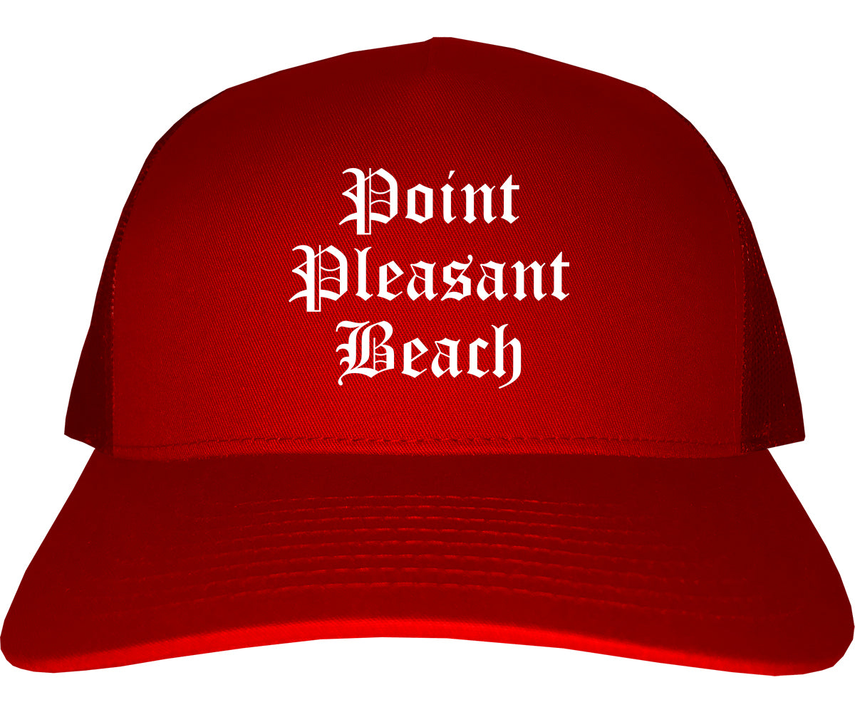 Point Pleasant Beach New Jersey NJ Old English Mens Trucker Hat Cap Red