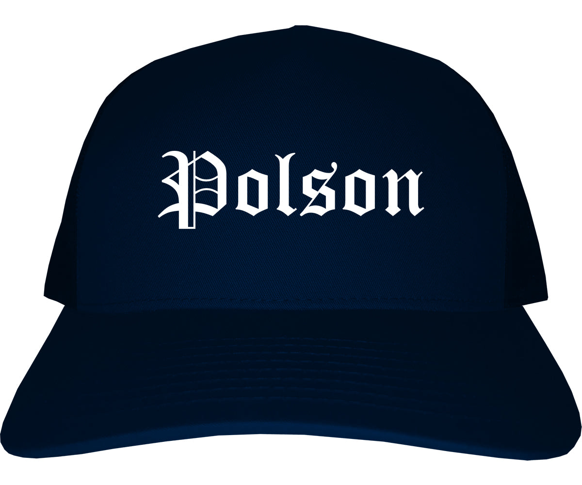 Polson Montana MT Old English Mens Trucker Hat Cap Navy Blue