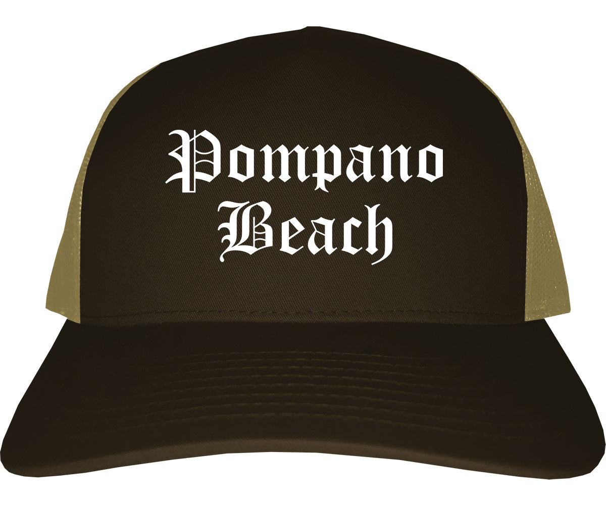 Pompano Beach Florida FL Old English Mens Trucker Hat Cap Brown